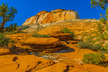 ayered sandstone rock formations in the foreground with a towering cliff rising behind, captured in Zion National Park, Utah under a clear blue sky.