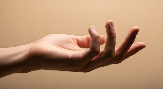 Close-up of a human hand held outward and slightly cupped, ready to receive or present an object against a warm, neutral beige background. Excellent copy space available.