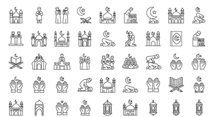Islamic Icons Collection Mosques Prayer Quran Crescent Moon Symbols. Vector Illustrations. EPS Editable