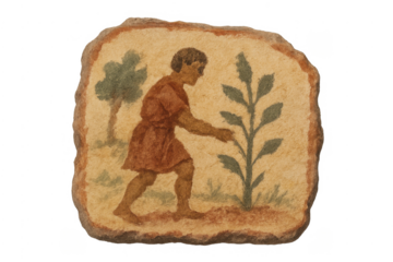 Ancient roman fresco depicting man planting seedling
