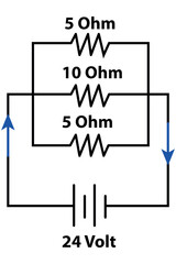 Electrical Circuit Diagram With 5 Ohm, 10 Ohm, 5 Ohm Resistors And 24 Volt Source