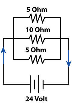 Electrical Circuit Diagram With 5 Ohm, 10 Ohm, 5 Ohm Resistors And 24 Volt Source