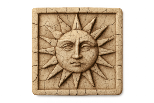Ancient sun god face stone carving relief
