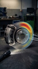 Fototapeta premium Automotive brake disc with heat map, thermal imaging in a repair shop