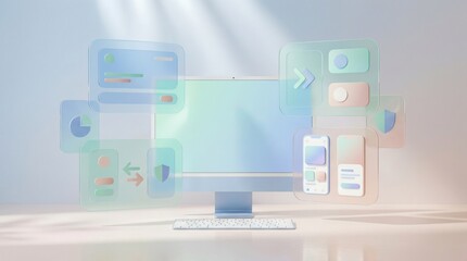 Obraz premium Modern desktop computer with floating app interface elements and keyboard