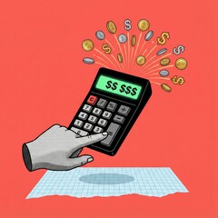 Calculator with dollar signs and coins, financial concept illustration