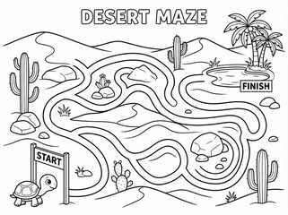 Desert maze puzzle for kids with a cute turtle and cacti