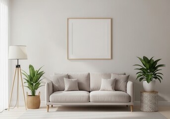 Fototapeta premium Modern living room with neutral sofa and plants