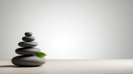 Stack of smooth spa stones and a small leaf on one side of a large neutral surface, huge empty background used as negative space, soft lighting, wellness and relaxation concept.