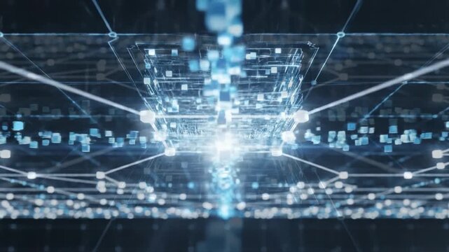 A futuristic digital network, geometric and luminous, suggests data transfer and virtual reality