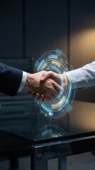 Business handshake with futuristic digital technology overlay