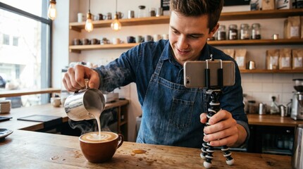 Barista making latte art while recording a video for social media in a coffee shop