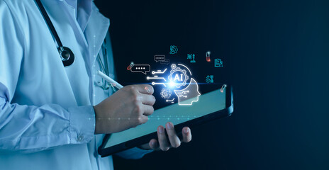 Medical telemedicine technology, doctor use AI robots for diagnosis, care, increasing accuracy...