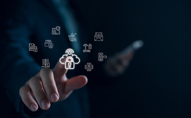 Cybersecurity dashboard interface showing data protection, man login and network technology, digital padlock security systems, privacy controls.
