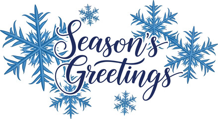 Elegant Season's Greetings message decorated with blue snowflakes for winter holiday cheer, perfect for festive marketing and promotional materials