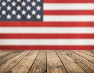 Rustic wooden desktop providing copy space with a soft focus United States flag symbolizing patriotism and freedom