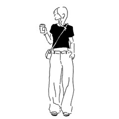 Stylish woman in cropped top and wide pants holding a coffee cup illustration