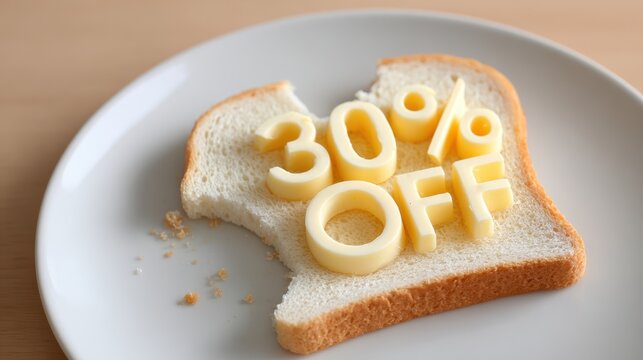 Slice of bread with butter shaped as numbers and symbols, displaying a promotional discount of thirty percent off, creatively arranged on a white plate for visual appeal
