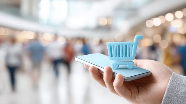 Hand holding smartphone with blue shopping cart icon on screen, blurred background of busy shopping mall, illustrating modern online shopping experience and convenience
