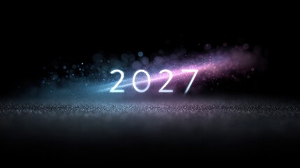 Naklejka premium Futuristic digital representation of the year 2027, illuminated with vibrant colors and sparkling effects, set against a dark background, symbolizing innovation and new beginnings