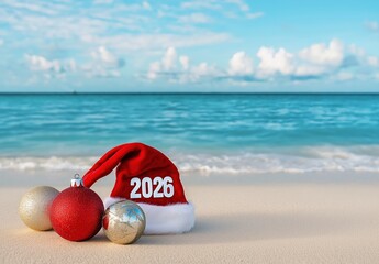 Fototapeta premium Santa hat with 2026 numbers and Christmas ornaments resting on tropical beach sand by the ocean, with copy space