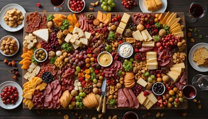 lavish charcuterie board with assorted meat cheese fruit and nuts appetizer party food