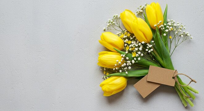 A vibrant bouquet of yellow tulips and delicate baby's breath with a blank tag on a gray surface