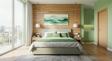 A modern bedroom with a large bed, wooden wall, green accents, and a view from the window