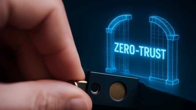 Zero trust security concept with hand holding USB key and digital gate hologram symbolizing protection against deepfake and AI crimes