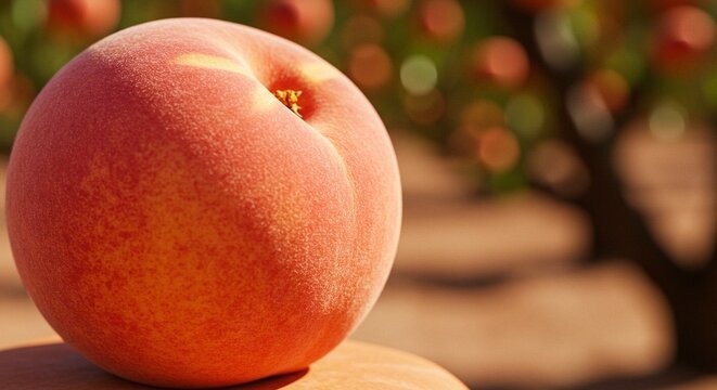 Close up of a ripe peach with fuzzy skin sitting on a wooden surface in an orchard setting - Powered by Adobe