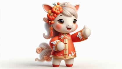 3D cute horse with Chinese traditional outfit, victory gesture, isolated on white background. seasonal greeting card, happy holiday celebration.