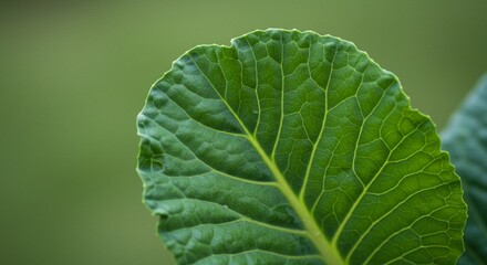 Obraz premium A close up shot of a vibrant green leaf with visible veins against a soft green background