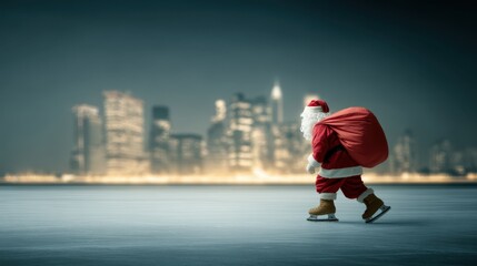 Obraz premium Santa Claus ice skating with a large bag, gliding through a surreal urban landscape, embodying holiday spirit and whimsical adventure