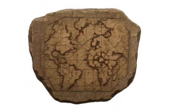 Ancient stone tablet displaying world map carving