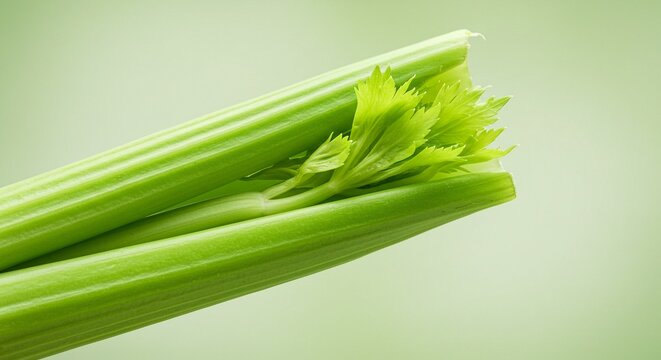 Close up shot of fresh green celery stalks with leaves on a light green plain background - Powered by Adobe