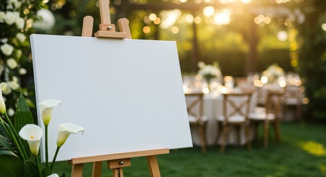 Blank canvas on easel with calla lilies at outdoor event with reception tables behind it