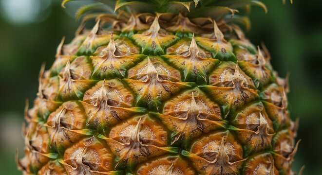 A close up shot showcasing the textured surface of a pineapple with a blurred background