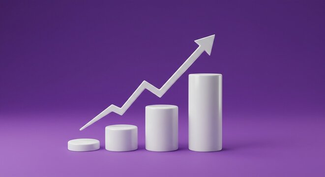 White arrow pointing upwards on a graph with cylindrical columns against a purple background