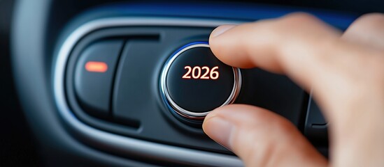 Hand turning a control knob displaying 2026, symbolizing future planning, goals, and technological change. With copy space