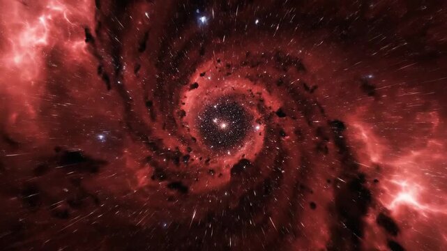 Cosmic spiral galaxy with radiant core and ethereal red hues