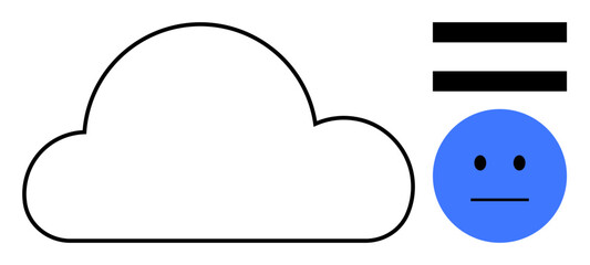 Cloud outline with two horizontal lines equaling a neutral blue face. Ideal for technology, judgement, neutrality, cloud storage, equality, abstract connectivity, and balance. Simple flat metaphor