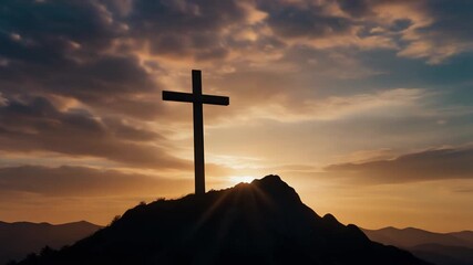 Holy Saturday scene with a cross atop a mountain, silhouetted against the evening sky, mp4 video. AI