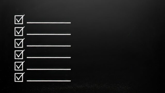 Completed To Do List drawn in white chalk on a dark black chalkboard background with check marks, representing successful planning, achievement, and task accomplishment.