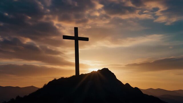 Holy Saturday scene with a cross atop a mountain, silhouetted against the evening sky, mp4 video. AI - Powered by Adobe