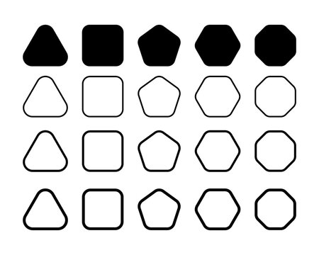 Set of simple basic geometric forms with rounded corners. Triangle and square, pentagon and hexagon, octagon shapes isolated on white background. Vector graphic illustration.