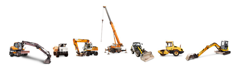 A diverse horizontal arrangement of construction heavy machinery, including excavators, loaders, and a mobile crane, isolated on white.