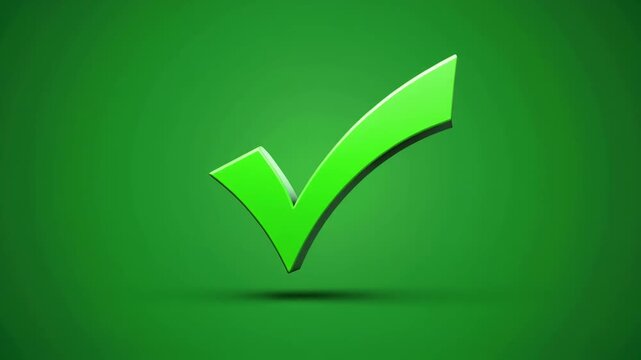 A vibrant green three-dimensional checkmark symbol against a solid green background, representing approval and success.