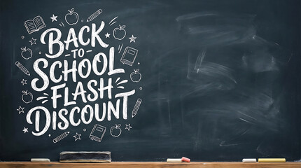 Back to School Flash Discount on Chalkboard with School Supplies Doodles.
