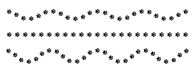 Straight and winding track of wet or mud pawprints of dog or cat, bear or raccoon. Paw silhouettes stamps. Steps of running or walking animal isolated on white background. Vector graphic illustration.