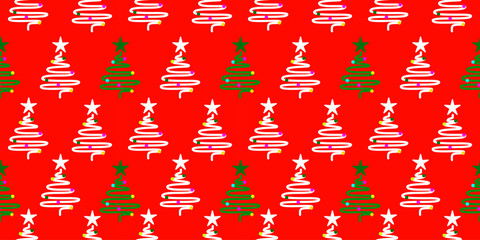 Abstract Christmas tree background with red ornaments and holiday decorations. White, green alternating Christmas trees.